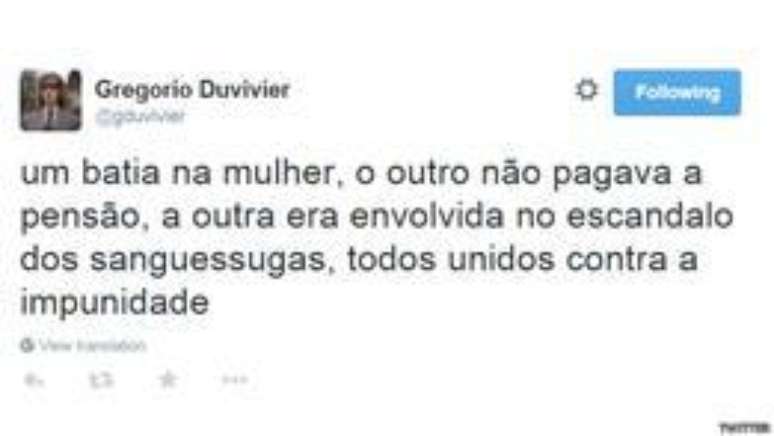 <p><strong>Gregório Duvivier, ator e escritor:</strong> "um batia na mulher, o outro não pagava a pensão, a outra era envolvida no escandalo dos sanguessugas, todos unidos contra a impunidade"</p>