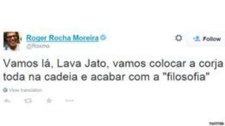 <p><strong>Roger Moreira, músico:</strong> "Vamos lá, Lava Jato, vamos colocar a corja toda na cadeia e acabar com a 'filosofia'"</p>