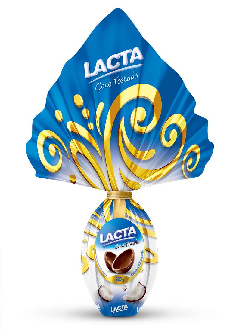 A Lacta também oferece o ovo Coco Tostado, de 225 g, que é feito com chocolate ao leite com pedaços de coco tostado na casca. Preço: sob consulta. Informações: www.lacta.com.br