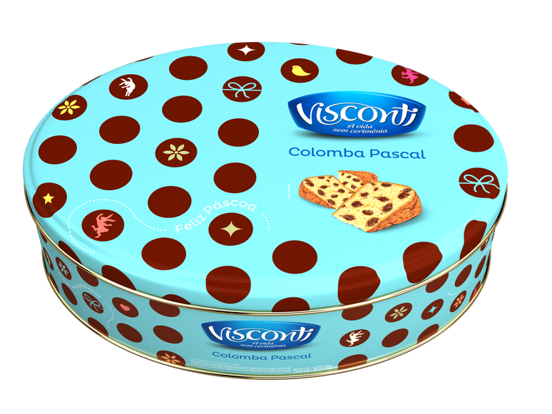 Prefere abrir mão do ovo de Páscoa? A Visconti aposta na lata de Colomba Pascal com gotas de chocolate. Preço: R$ 17,99. Informações: http://www.visconti.com.br