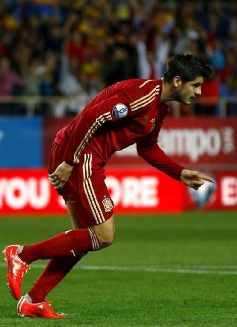 Spain's Alvaro Morata celebrates after scoring against Ukraine during their Euro 2016 qualifier soccer match at Ramon Sanchez Pizjuan stadium in Seville, March 27, 2015.