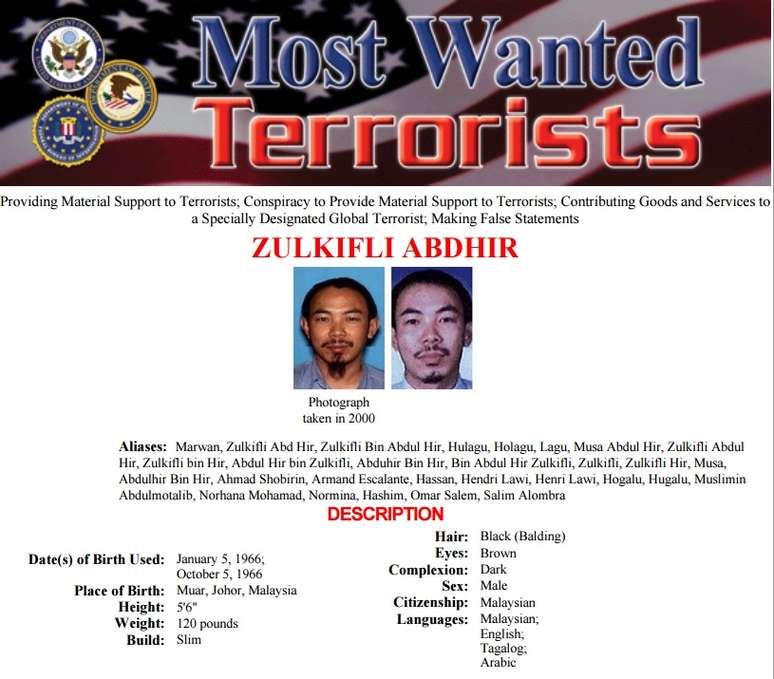 <p>Aviso de procurado no site do FBI para&nbsp;Zulkifli bin Hir</p>