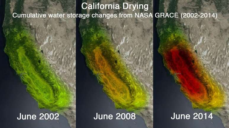 Nas imagens capturadas pelo cientista com satélites da Nasa, é possível ver a evolução da seca no estado nos últimos anos no estado da Califórnia