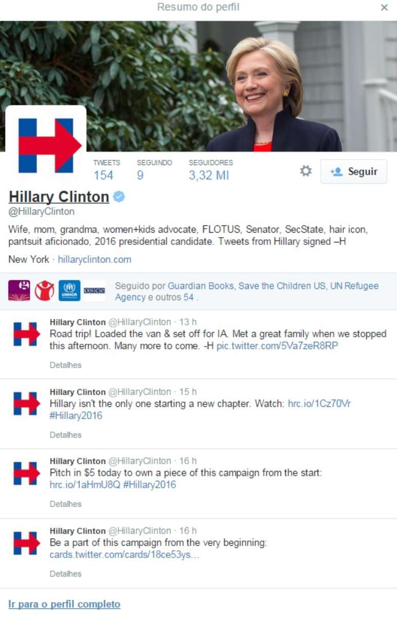 Página da candidata a presidente dos Estados Unidos, Hillary Clinton, no Twitter