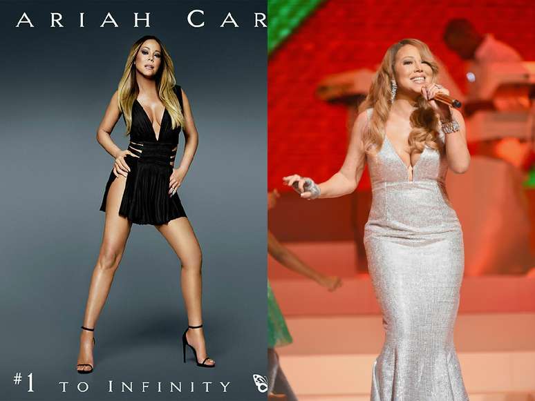 <p>Mariah Carey exagera no Photoshop em foto do CD (&agrave; esq.); &agrave; direita, a cantora em dezembro de 2014</p>