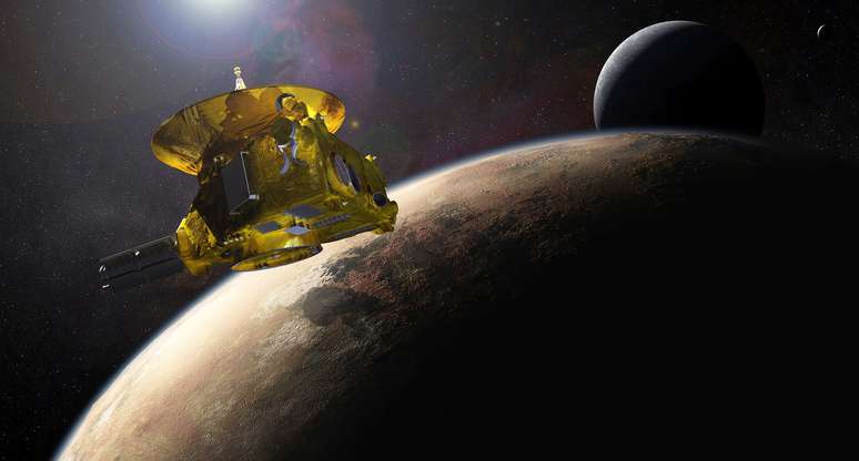 Ilustração mostra a sonda New Horizons próximo de Plutão e de sua lua maior, Caronte