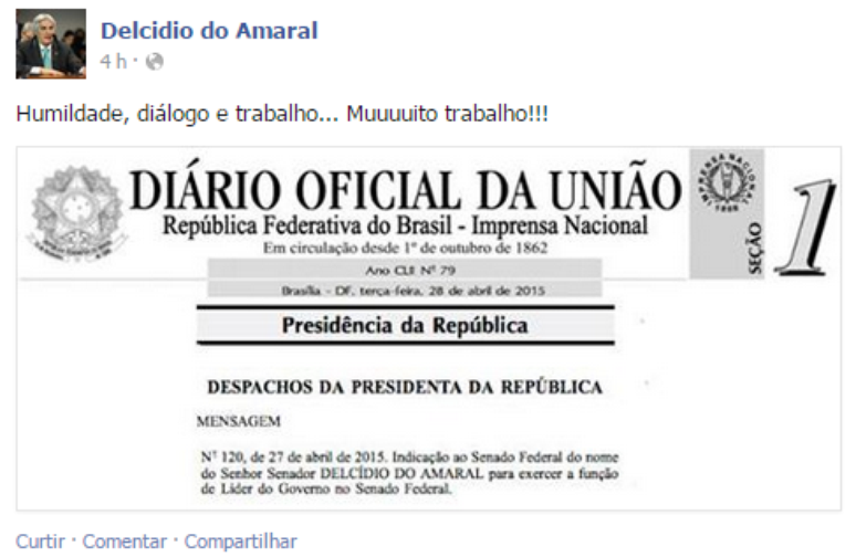 Delcídio Amaral comemora nas redes sociais nomeação para o cargo de líder do governo no Senado