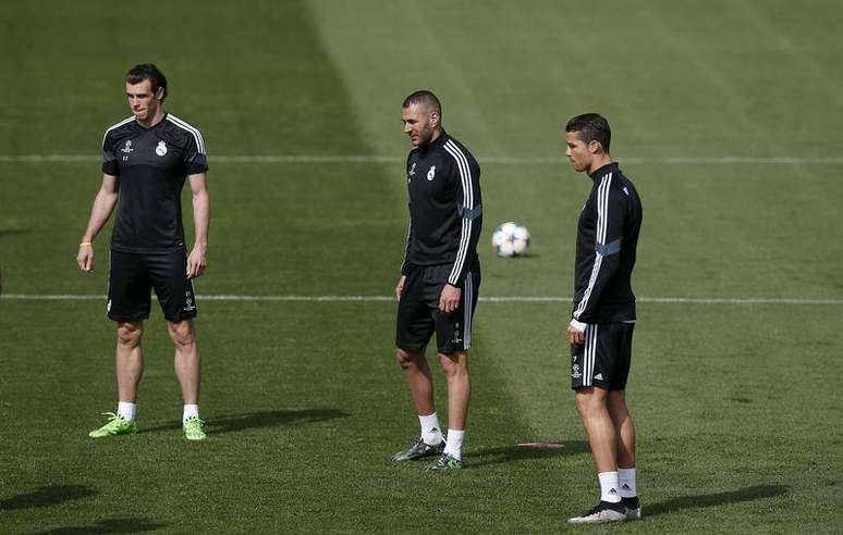 Bale, Benzema e Cristiano Ronaldo em treino do Real Madrid. 13/04/2015
