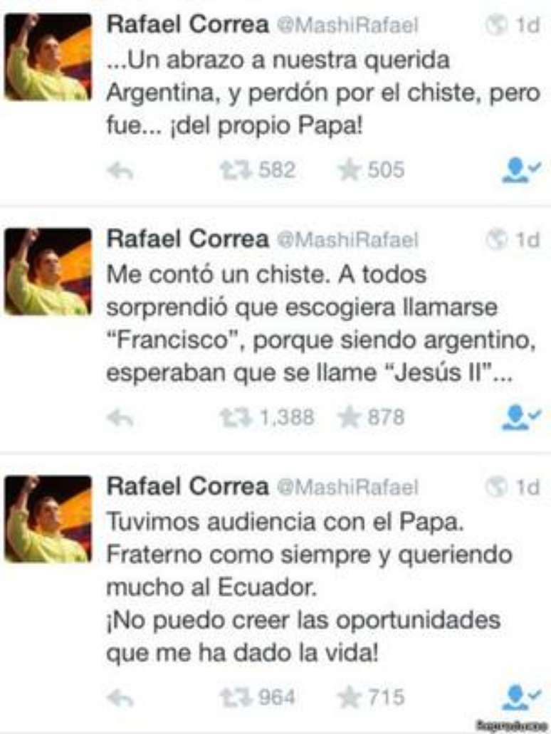Presidente equatoriano contou piada que ouviu do papa, o líder mais influente do mundo no Twitter