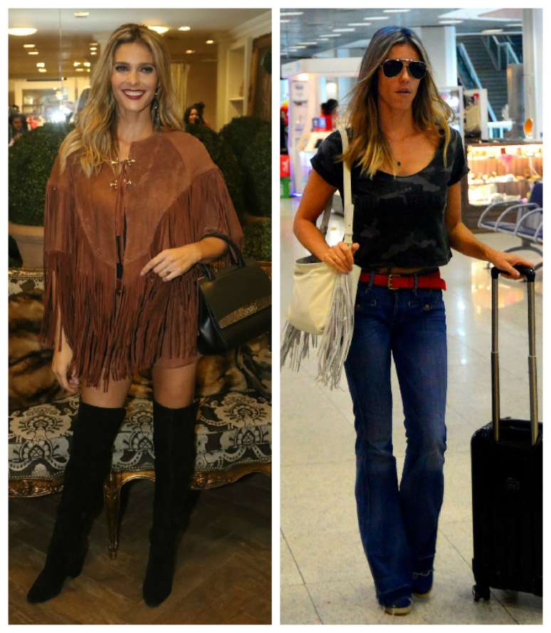 Para participar de lançamento de coleção em São Paulo, Fernanda Lima viajou com calça jeans estilo flare, camiseta camuflada e bolsa com franja. Bem do estilo dela. Sinceramente, ficou bem melhor do que os shorts, casaco curto com franjas de couro e bota acima dos joelhos. Combinação difícil de usar, não é?