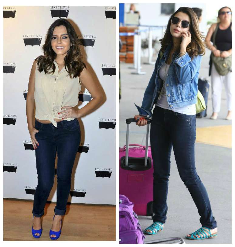 Em 2013, Giovanna Lancellotti participou de um de lançamento de jeans. Para viajar, usou calça com o tecido e complementos bem mais básicos que os vistos no evento. Os dois looks mostram que os jeans se adaptam a vários estilos e ocasiões