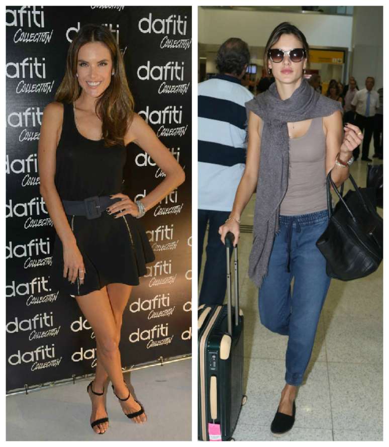 Alessandra Ambrosio deve vestir tanto look chique, elegante e matador para seu trabalho que para viajar, não abre mão do despojamento, como a calça jeans de corte esportivo, regata, xale e alpargatas. Para o evento do qual participou no mesmo dia em São Paulo, a aposta foi um vestidinho preto curto e sandálias altas