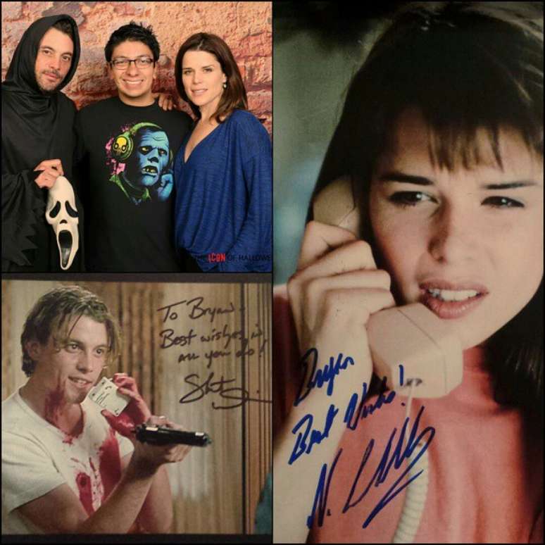 Neve Campbell e Skket Ulrich, de 'P&acirc;nico', posam com f&atilde;s ap&oacute;s 19 anos da estreia do filme