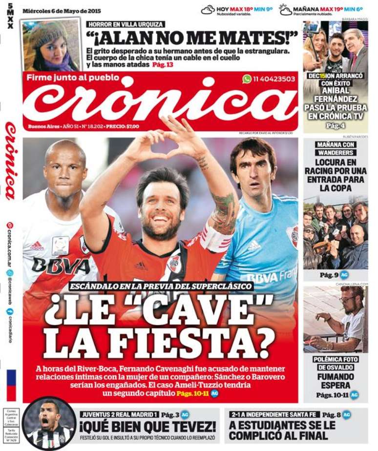 Jornal La Crónica estampou na capa o suposto caso de Cavenaghi com a mulher de um colega de River Plate