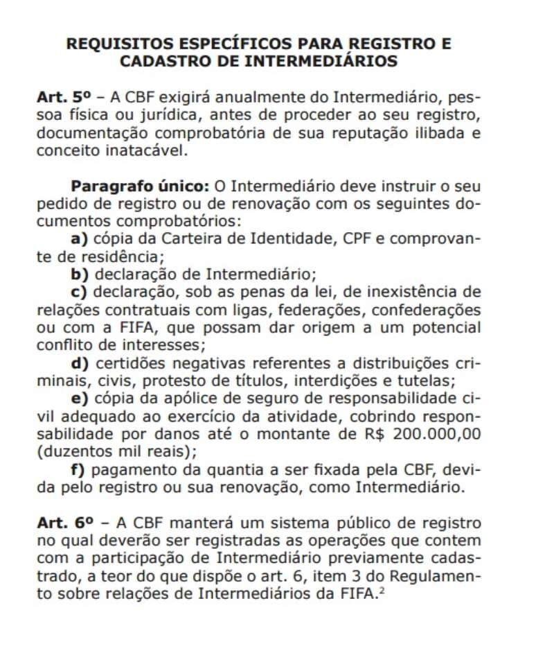 Cadastro de intermediários na CBF pede uma série de documentos
