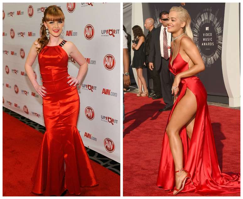 Ah, mas claro, não podia faltar nesta relação vestido vermelho. E se você não soubesse quem é Rita Ora, qual acharia que trabalha em filmes pornôs? Então, Marie McCray (à esquerda) apostou no vermelho bem mais fechado que o da cantora que se veste à la Jessica Rabbit.