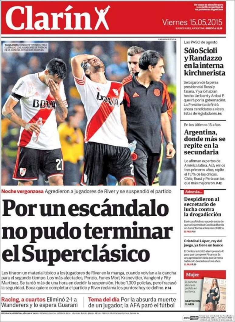 Clarín destaca que o Superclássico não pôde ser encerrado por causa de um escândalo