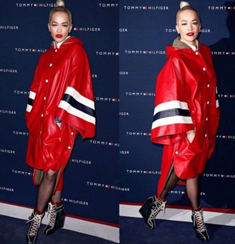 O efeito para a foto desta capa vermelha da Tommy  Hilfiger &eacute; ineg&aacute;vel, pois chama a aten&ccedil;&atilde;o e cresce no retrato. Mas n&atilde;o &eacute; um look para se usar por a&iacute;. Voc&ecirc; pode correr o risco de ser confundido com um bombeiro ou um guarda de tr&acirc;nsito. Nada contra esses profissionais, mas n&atilde;o &eacute; preciso copiar seus trajes de trabalho, n&atilde;o &eacute;?