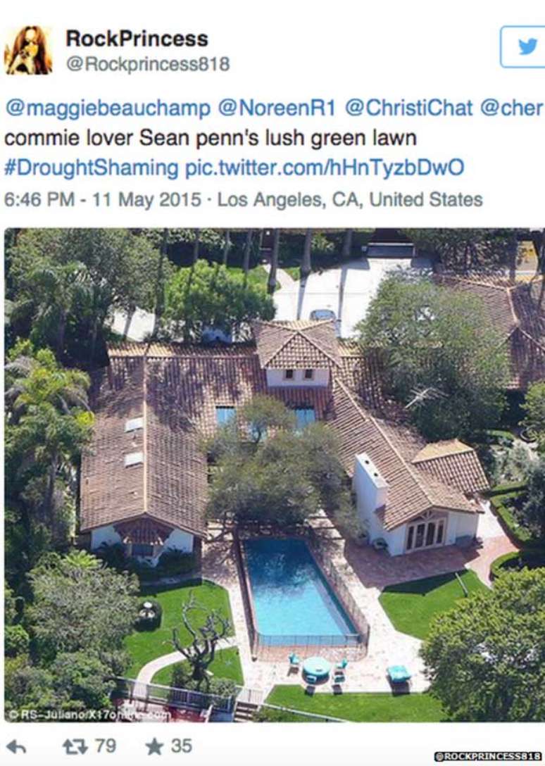 Tuíte critica o ator Sean Penn pelo que seriam os jardins de sua mansão em Los Angeles