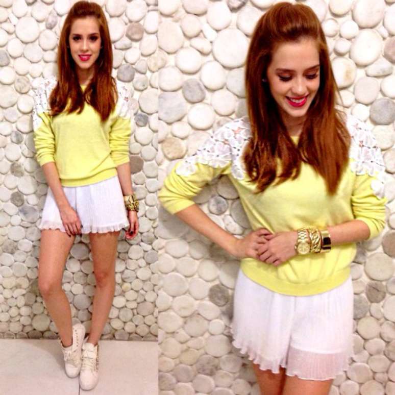 Look básico combina moletom amarelo com short branco