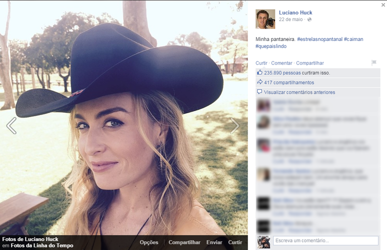 No Facebook, Luciano Huck chegou a postar foto de Angélica durante a gravação no Pantanal