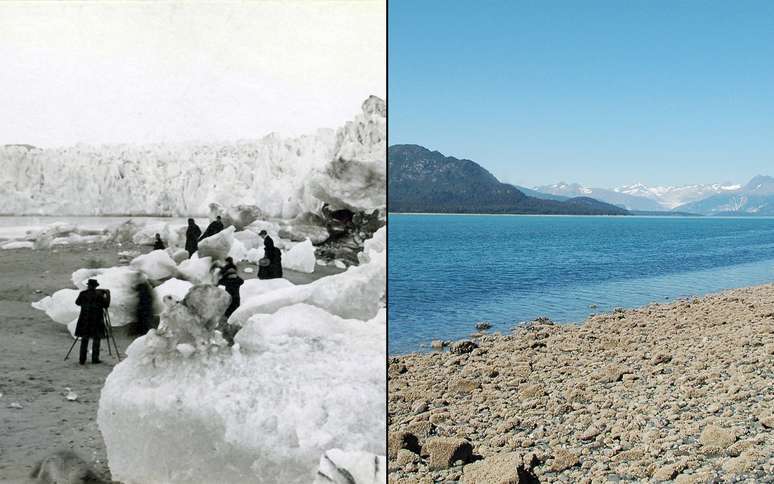 Imagem mostra geleira no Alaska em 1882 e 2005