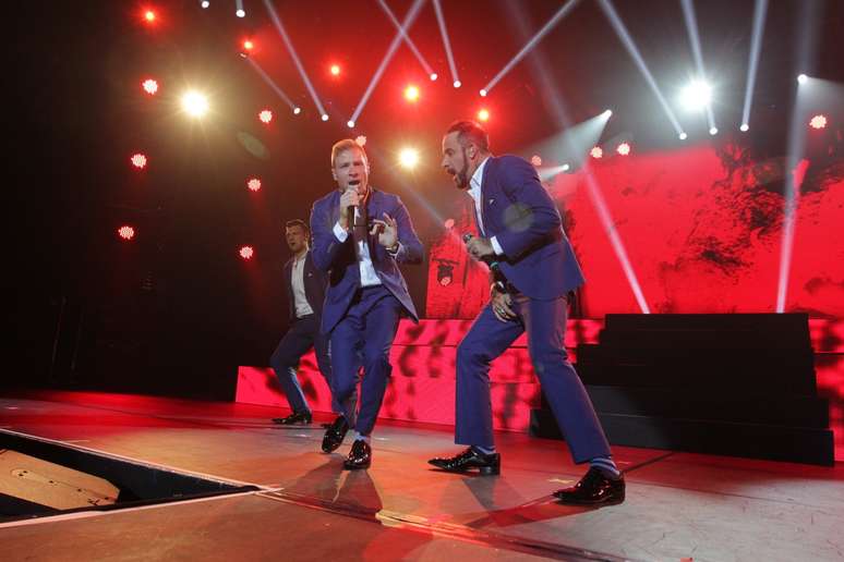 Backstreet Boys durante primeiro show da turn&ecirc; "In a World Like This", no Citibank Hall, Rio de Janeiro. Eles voltam a se apresentar no mesmo local na quinta-feira (11). A s&eacute;rie de apresenta&ccedil;&otilde;es continua hoje em Belo Horizonte, na sexta-feira e no s&aacute;bado em S&atilde;o Paulo e dia 15 em Porto Alegre. 