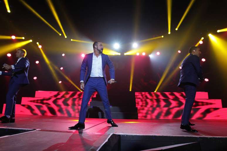 Backstreet Boys durante primeiro show da turn&ecirc; "In a World Like This", no Citibank Hall, Rio de Janeiro. Eles voltam a se apresentar no mesmo local na quinta-feira (11). A s&eacute;rie de apresenta&ccedil;&otilde;es continua hoje em Belo Horizonte, na sexta-feira e no s&aacute;bado em S&atilde;o Paulo e dia 15 em Porto Alegre. 