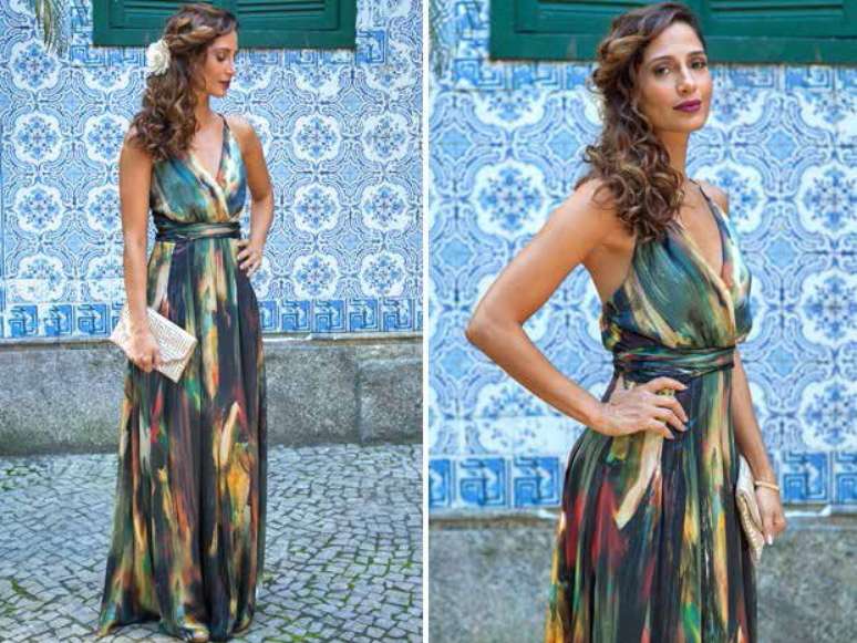 O vestido longo estampado da Regina (Camila Pitanga), de &#039;Babilônia&#039;, aparece na 10º posição. É da Alphorria. Preço: R$ 3.310. Informações: (31) 3335-4678