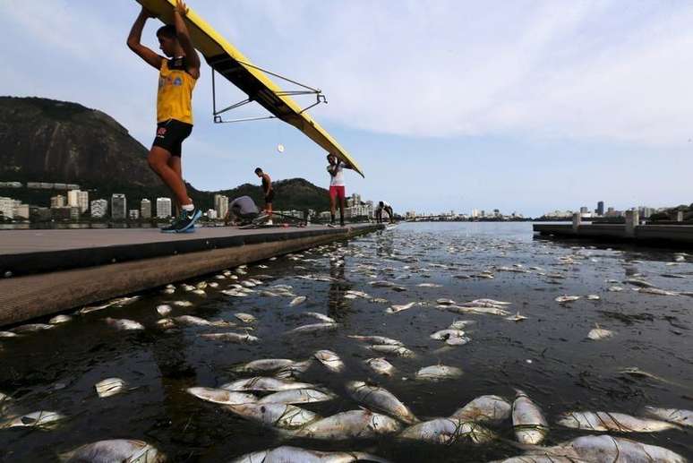 Peixes mortos junto a atletas na Lagoa Rodrigo de Freitas, no Rio de Janeiro. 13/4/2015.