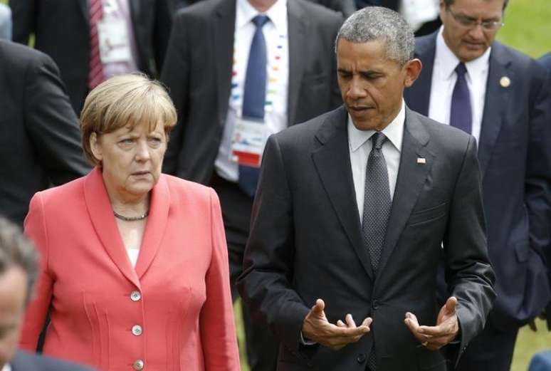 Chanceler alemã, Angela Merkel, e presidente dos EUA, Barack Obama, em cúpula do G7 na Alemanha. 08/06/2015