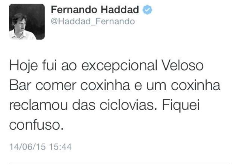 "Hoje fui ao excepcional Veloso Bar comer coxinha e um coxinha reclamou das ciclovias. Fiquei confuso", publicou o prefeito