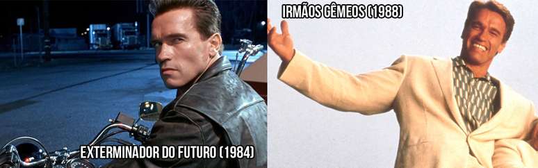 Ator austríaco Arnold Schwarzenegger  em o Exterminador do Futuro 1 (à esq.) e em Irmãos Gêmeos