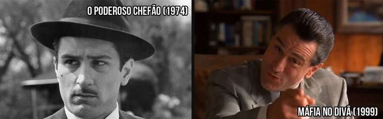 Ator americano Robert de Niro como Vito Corleone em O Poderoso Chefão 2 (à esq.) e em Máfia no Divã