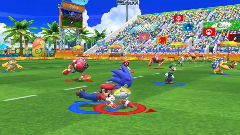 Sonic e Mario disputam bola em partida de rúgbi