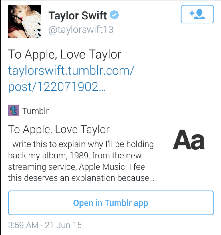 Post de Taylor Swift no Tumblr, em que critica a Apple por não pagar os artistas no período de streaming de seu serviço 