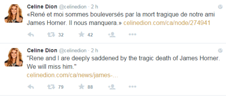 A cantora canadense Celine Dion, que imortalizou a versão de My Heart Will Go On, lamenta a morte do compositor Jamer Horner