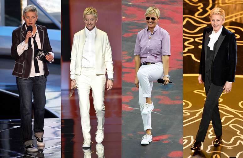Calças retas, peças lisas, camisas, gravatas e tênis são marcas registradas da maneira de Ellen DeGeneres se vestir