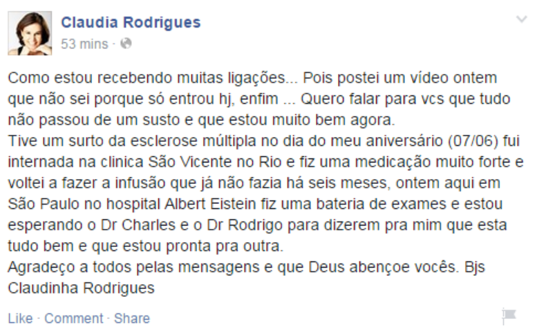 Claudia Rodrigues agradece carinho de fãs e explica ida ao hospital
