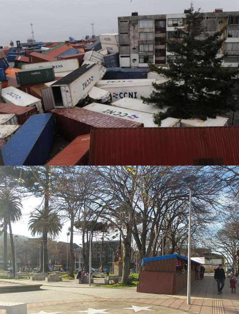 Os conteinerês que se espalharam por Talcahuano chegaram à Praça das Armas, que foi destruída e hoje, já está reconstruída