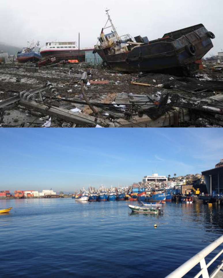 Região portuária devastada pelas ondas gigantes, hoje já tem situação normalizada em Talcahuano