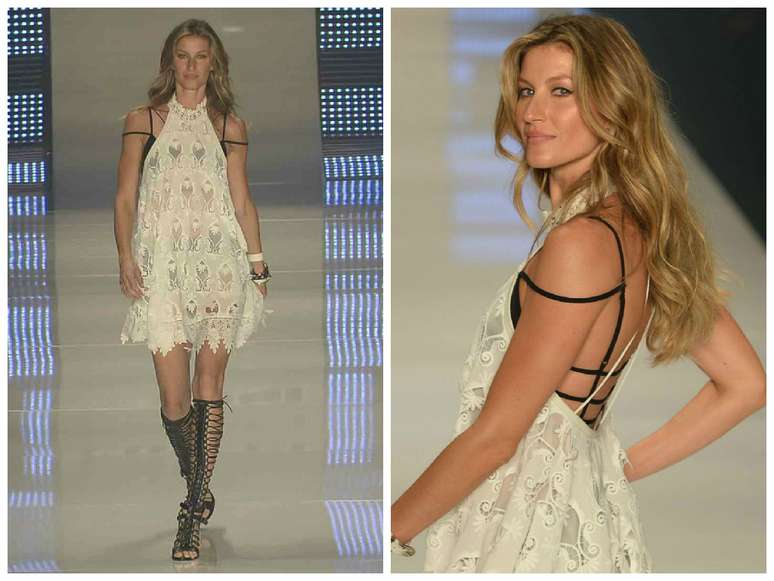 Gisele Bündchen subiu na passarela para a Colcci com vestido branco e strappy bra preto, no último SPFW