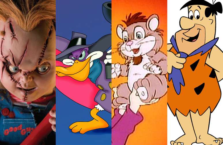 Personagens dublados por Nelson Machado (da esq. para dir.): Chucky, Darkwing Duck, Glomer e Fred Flintstone