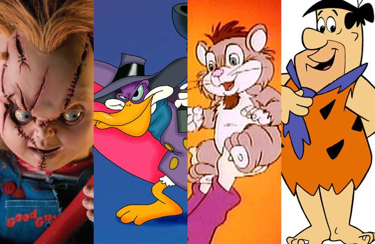 Personagens dublados por Nelson Machado (da esq. para dir.): Chucky, Darkwing Duck, Glomer e Fred Flinstone