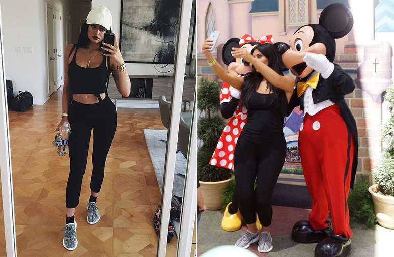 Kylie Jenner posa em selfie com o tênis, enquanto Kim Kardashian escolheu o calçado para ir ao aniversário de dois anos da filha, North West, na Disney