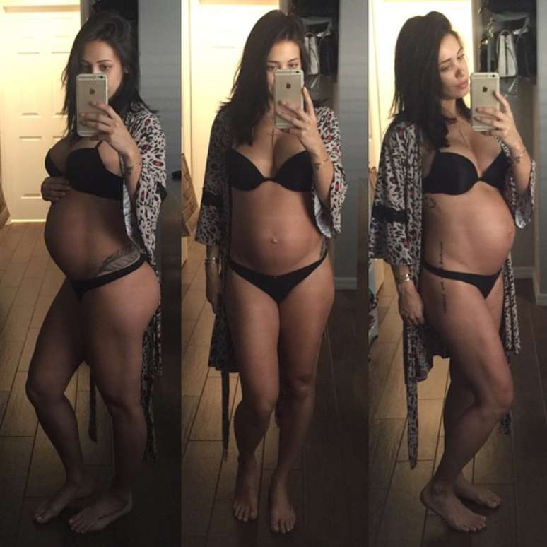 Bella Falconi posta foto de biquíni e mostra gravidez de 8 meses, na tarde desta quinta-feira (2)