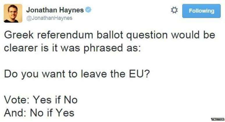 'A pergunta do plebiscito grego seria mais clara se tivesse sido formulada assim: Você quer deixar a União Europeia? Vote: sim para não. E: não para sim.'