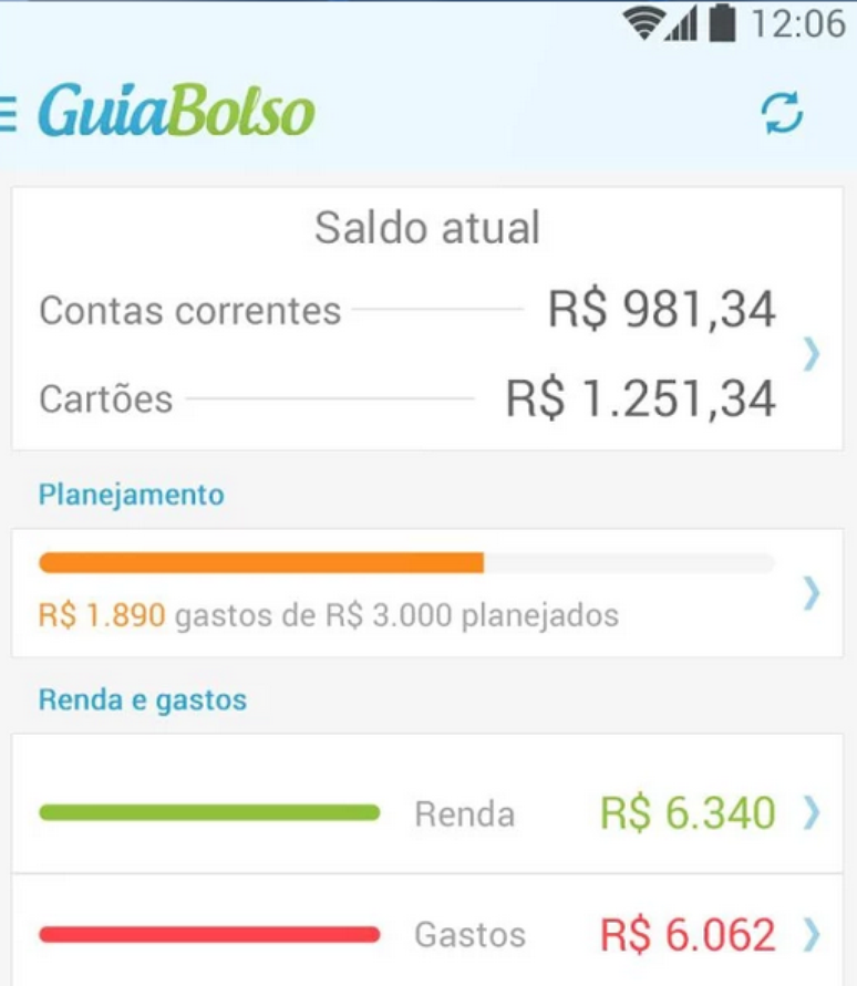 O GuiaBolso organiza as despesas em categorias, como mercado, transporte, lazer, etc