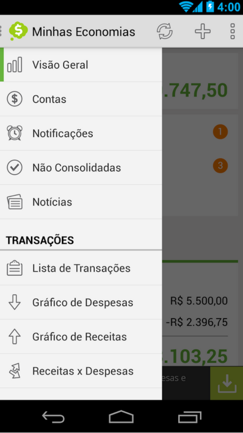 O Minhas Economias permite fazer o controle de gastos e de receitas, criar orçamentos e planejar as finanças