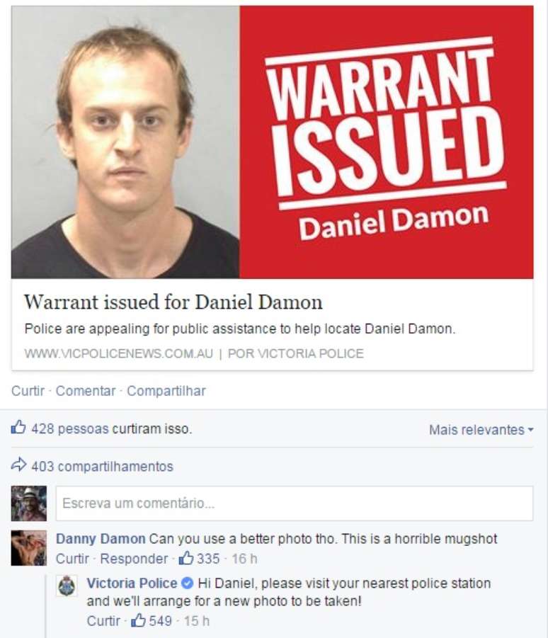 Daniel Damon fez piada com post de procurado da polícia